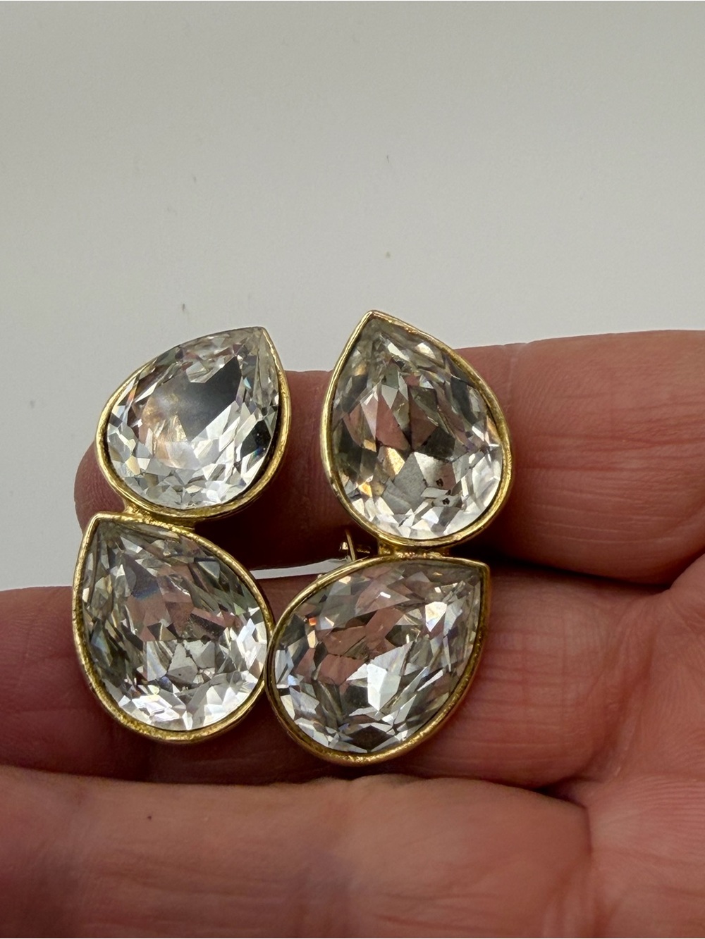 Kenneth Jay Lane KJL gold tone, double teardrop crystal statement earrings